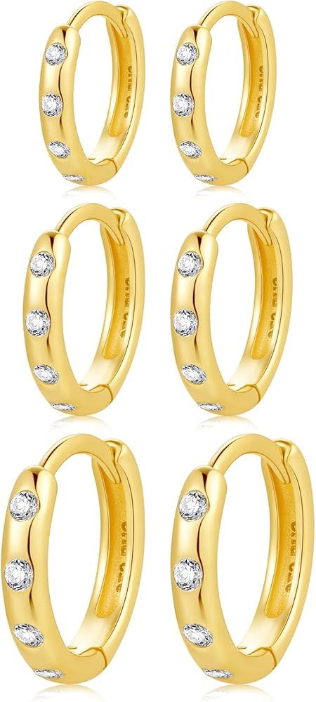 3 Pairs Sterling Silver Small Hoop Earrings Cubic Zirconia Cuff Earrings | Tiny Cartilage Huggie ... | Amazon (US)