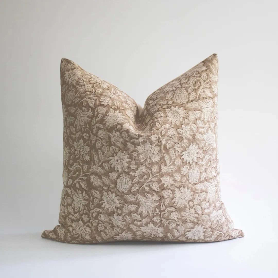 Light Brown Floral Block Print Pillow Cover, Designer Linen Throw Pillows, Neutral Hand Blocked P... | Etsy (US)