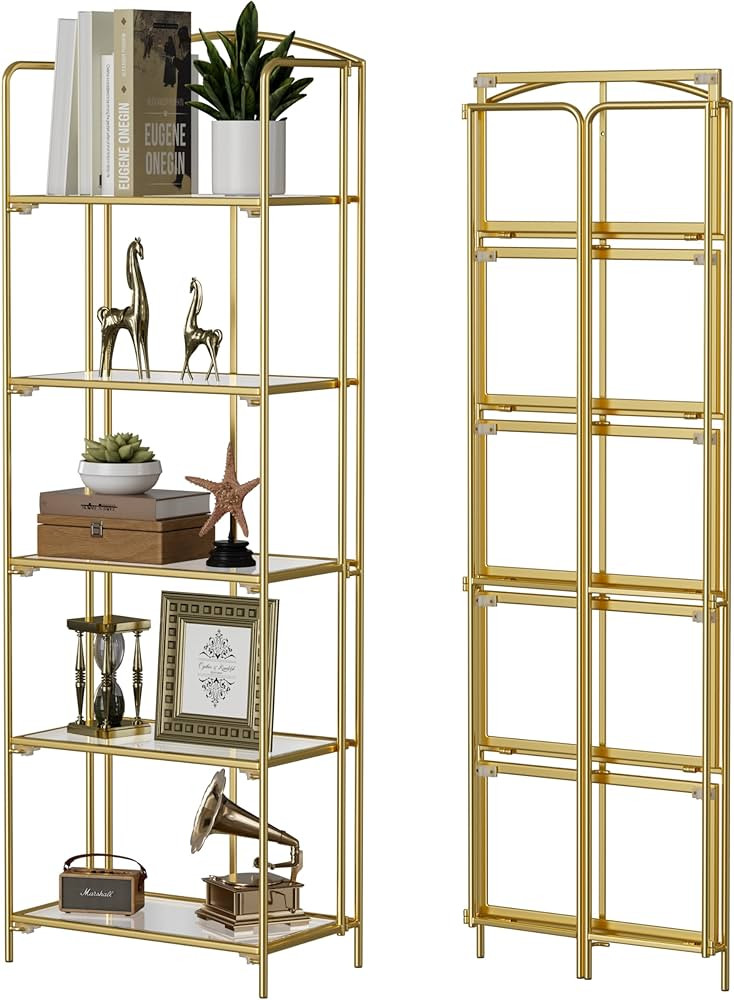 No Assembly Folding Bookshelf, 5 Tier Gold Bookshelf, Metal Book Shelf for Storage, Folding Bookc... | Amazon (US)