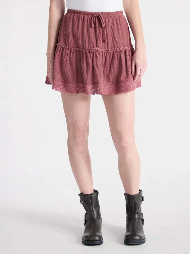 No Boundaries Drawcord Ruffle Mini Skirt with Lace Trim, Women's | Walmart (US)