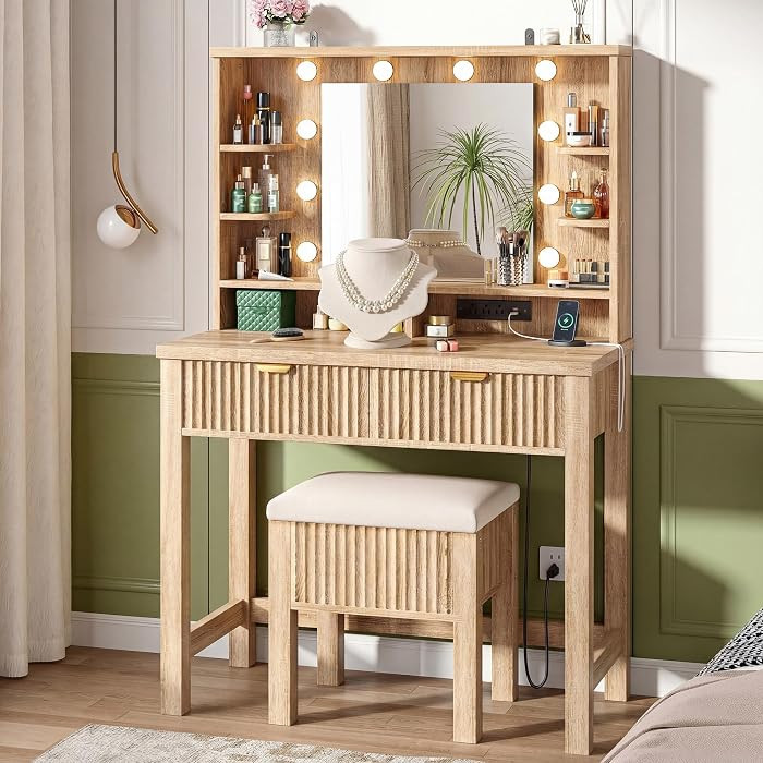 Fluted Vanity Desk with Mirror and Lights, Small Vanity with 2 Large Drawers and Storage Stool & ... | Amazon (US)