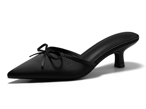 Coutgo Womens Kitten Heels Mules with Bow Satin Slip on Pumps Closed Pointed Toe Dress Wedding Party Shoes, Black, Size 7.5 | Amazon (US)