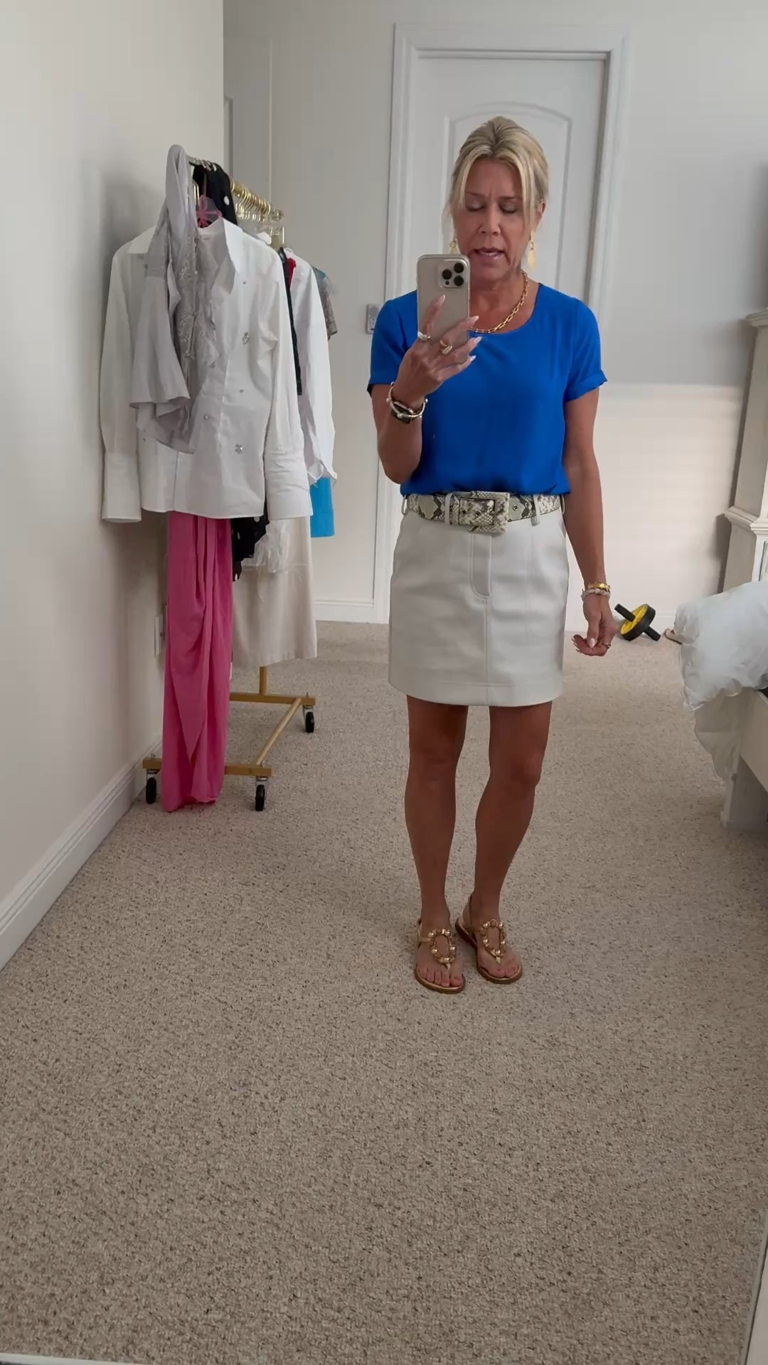 Transition to fall outfit Florida style…pairing a leather skirt (winter white color) with a bold blue short sleeve top and a white snakeskin leather belt, metallic flat Greek sandals and good jewelry.

#LTKOver40 #LTKStyleTip #LTKShoeCrush
