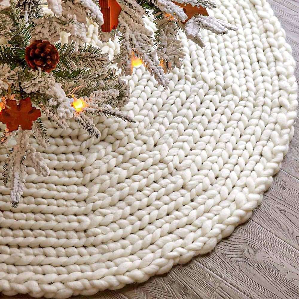 LimBridge Knitted Christmas Tree Skirt: 48 Inches Crochet Cream White Tree Skirt, Chunky Knit Thi... | Amazon (US)