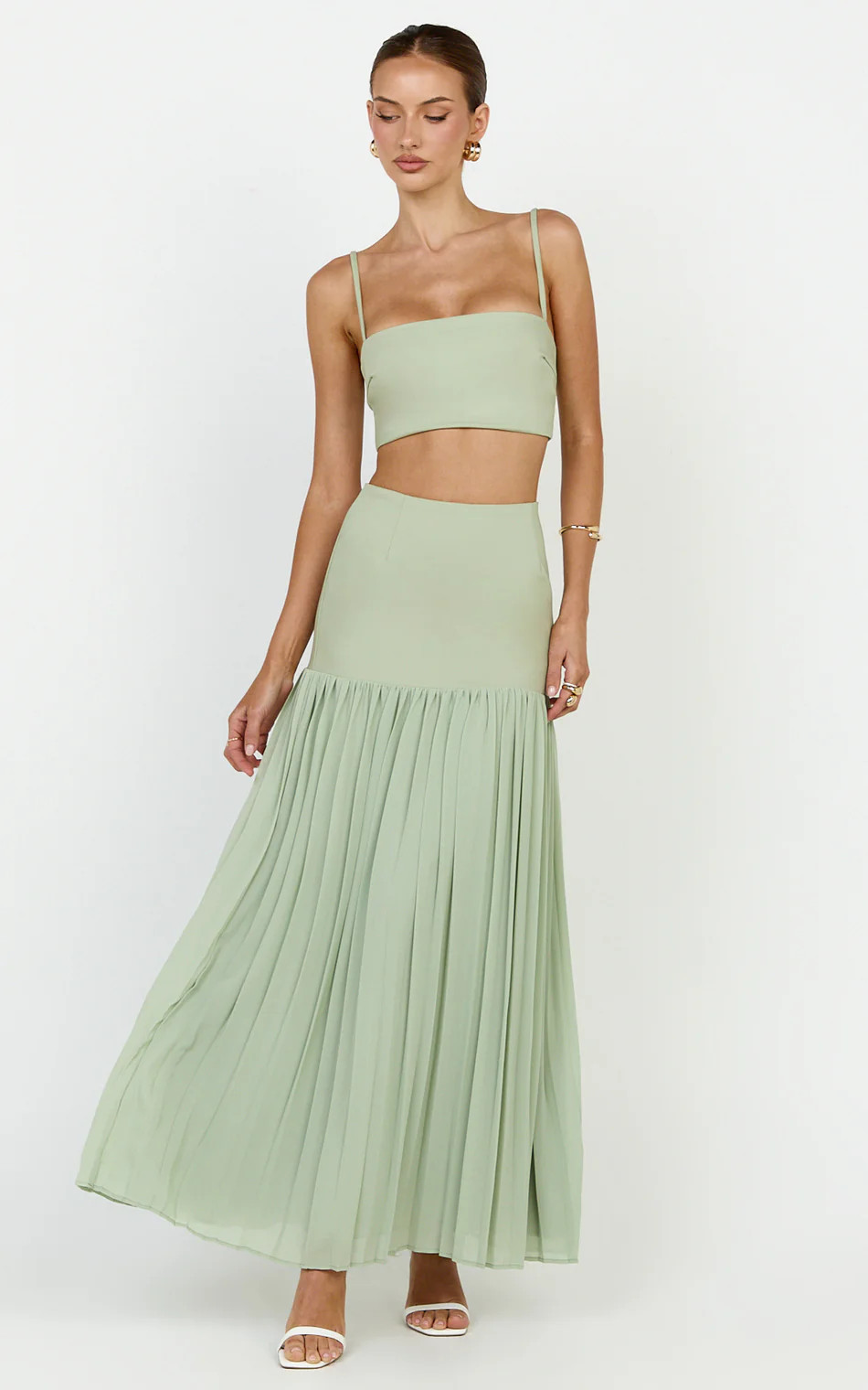 Square Neck Crop Top and High Waist Pleated Maxi Skirt Set in Sage | Showpo (ANZ)