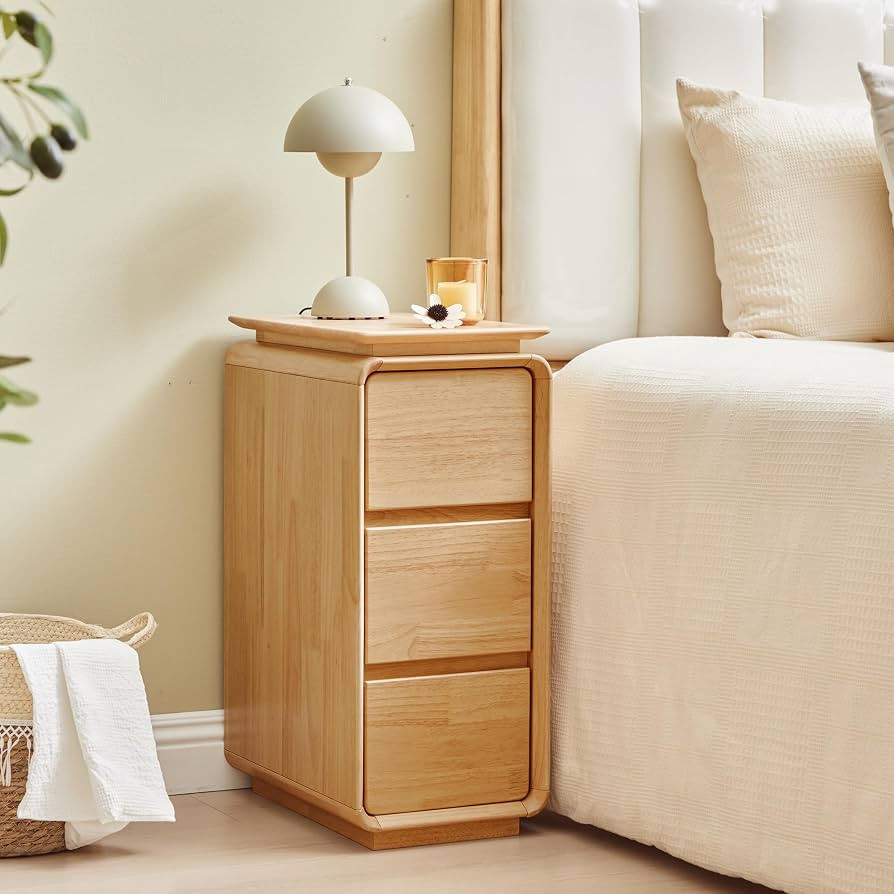 Solid Wood Nightstand, Fully Assembled Narrow Bedside Table with 3 Drawers & Hidden Handles, Mid-... | Amazon (US)