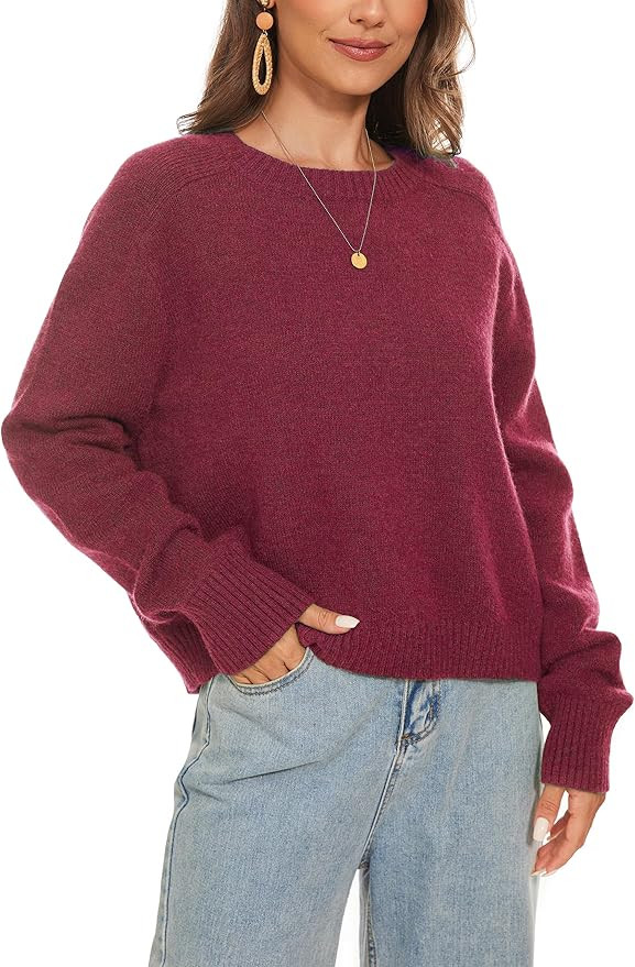 Women's Crew Neck Raglan Long Sleeve Sweaters 2024 Winter Fuzzy Knit Casual Ribbed Pullover Tops | Amazon (US)