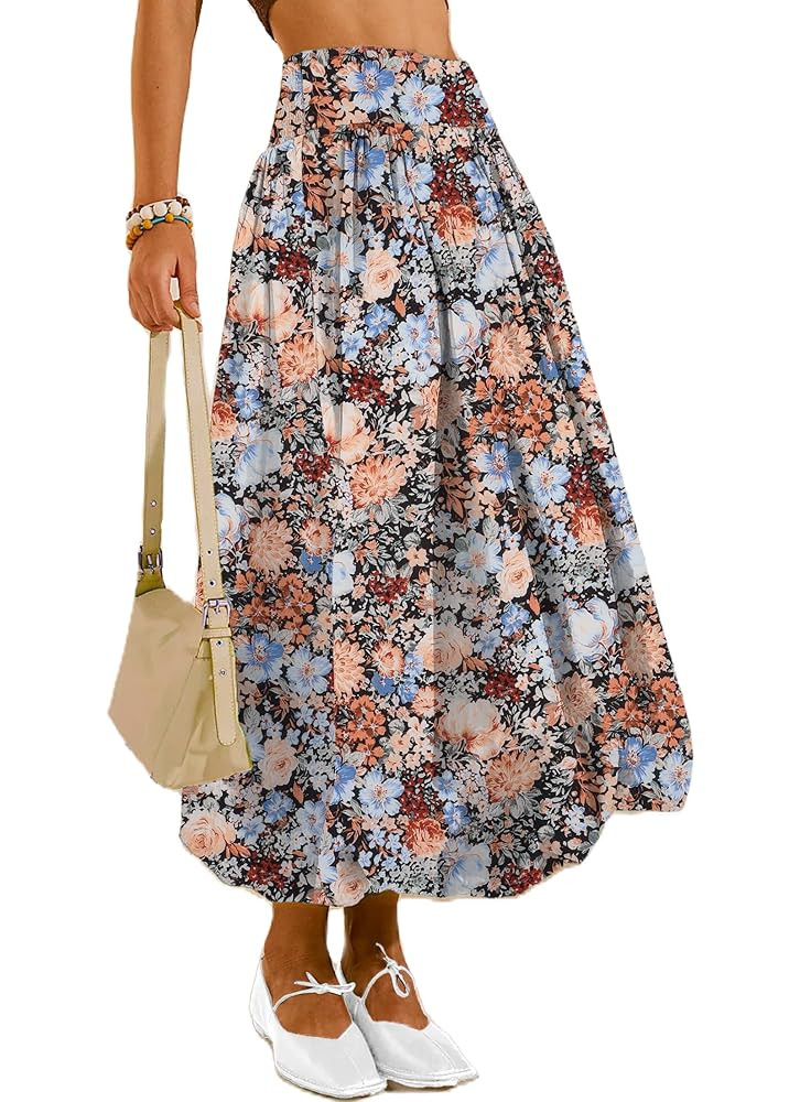 Women's Bubble Long Skirt Elastic Waist A-Line Pleated Ruffle Flowy Balloon Maxi Skirts with Pock... | Amazon (US)