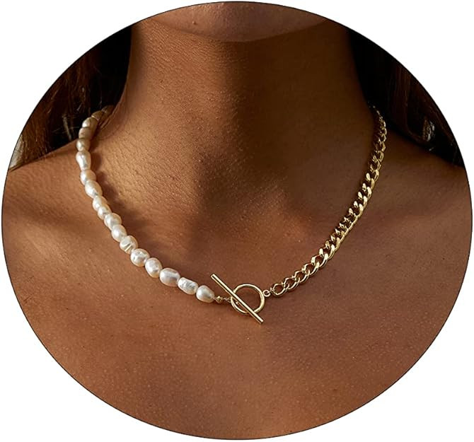 VIROMY Chunky Gold Toggle Necklace 18K Gold Plated Pearl Vintage Paper Clip Link Chain Shining Tw... | Amazon (US)