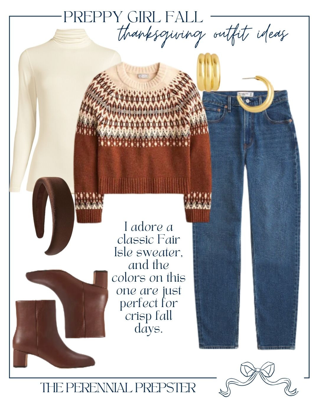 Preppy Girl Fall Thanksgiving Outfit Idea: I love a classic Fair Isle sweater for the cooler months. Because they're usually made with wool, I like to layer them under a lighter turtleneck because wool can be itchy. This Fair Isle sweater has some beautiful rich fall colors. I paired it with a simple pair of jeans and some brown booties.  

 #LTKHoliday #LTKSeasonal