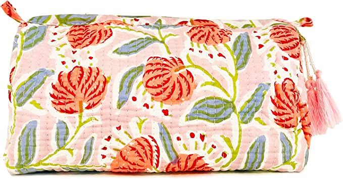 Block Print Designer Toiletry Bag & Makeup Case - Boho Floral Quilted Pouch for Cosmetics, Skinca... | Amazon (US)