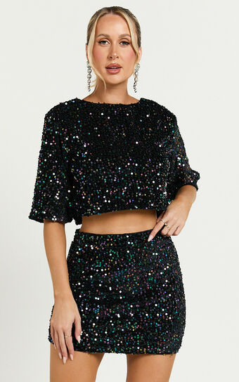 Reah Two Piece Set - Tie Back Top and High Waisted Sequin Mini Skirt in Black | Showpo (US, UK & Europe)
