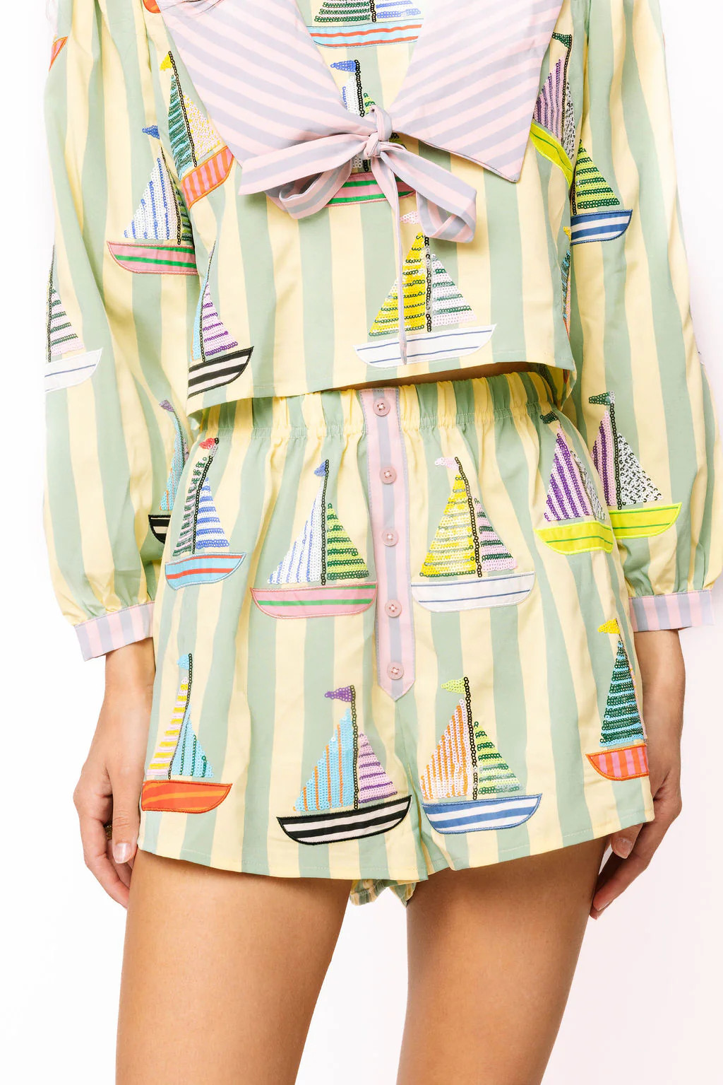 Green Striped Multi Sailboat Cotton Short | Queen of Sparkles