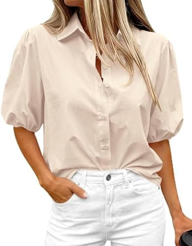 BTFBM Women's Button Down Shirts Short Puff Sleeve Collared V Neck 2026 Summer Tops Dressy Casual... | Amazon (US)