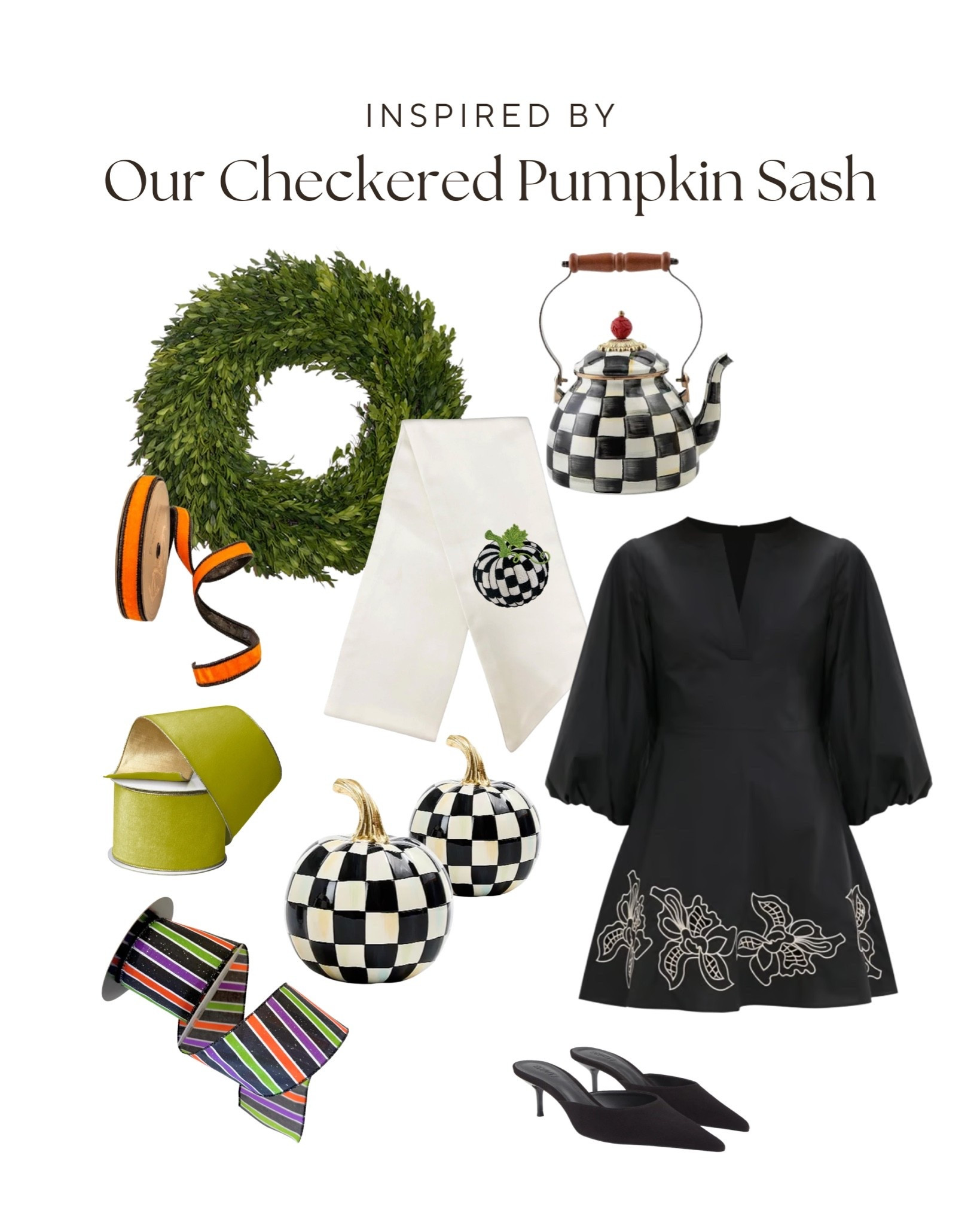 Serving up fall in this charming checkered pumpkin look! 🎃 If you love the timeless whimsy of MacKenzie-Childs, you’ll love this playful take on autumn style featuring our Checkered Pumpkin Wreath Sash. 🖤🤍 

 #LTKhalloween