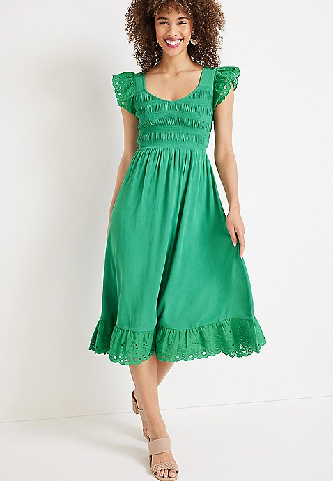 Eyelet Trim Flutter Sleeve Midi Dress | Maurices