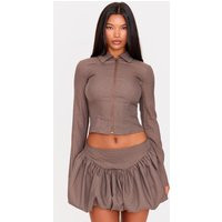 Brown Check Collared Zip Up Shirt | PrettyLittleThing US