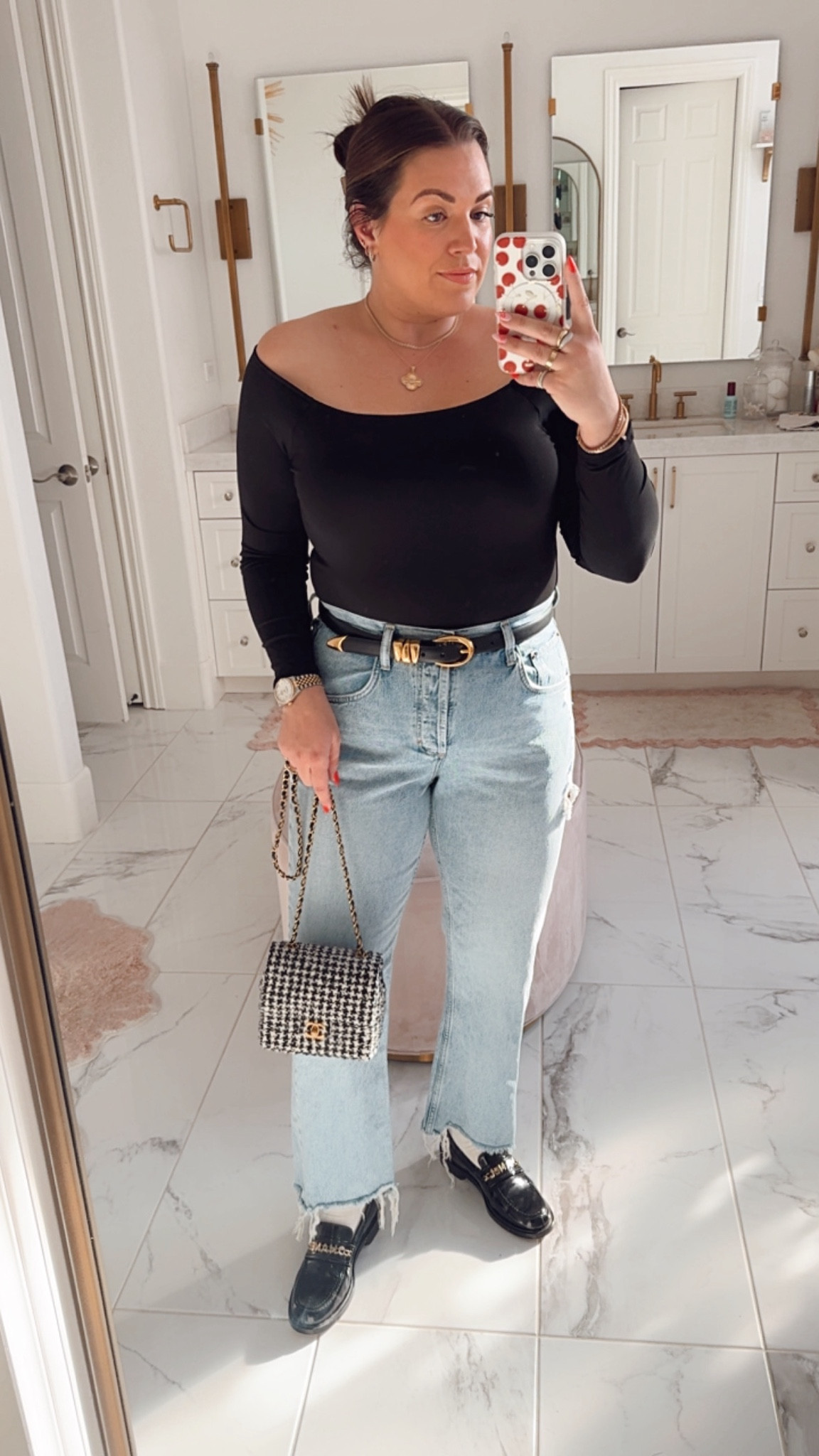 curvy casual fall outfit! wearing size large in off the shoulder top and size 31 curve in denim! 

#LTKMidsize #LTKSeasonal