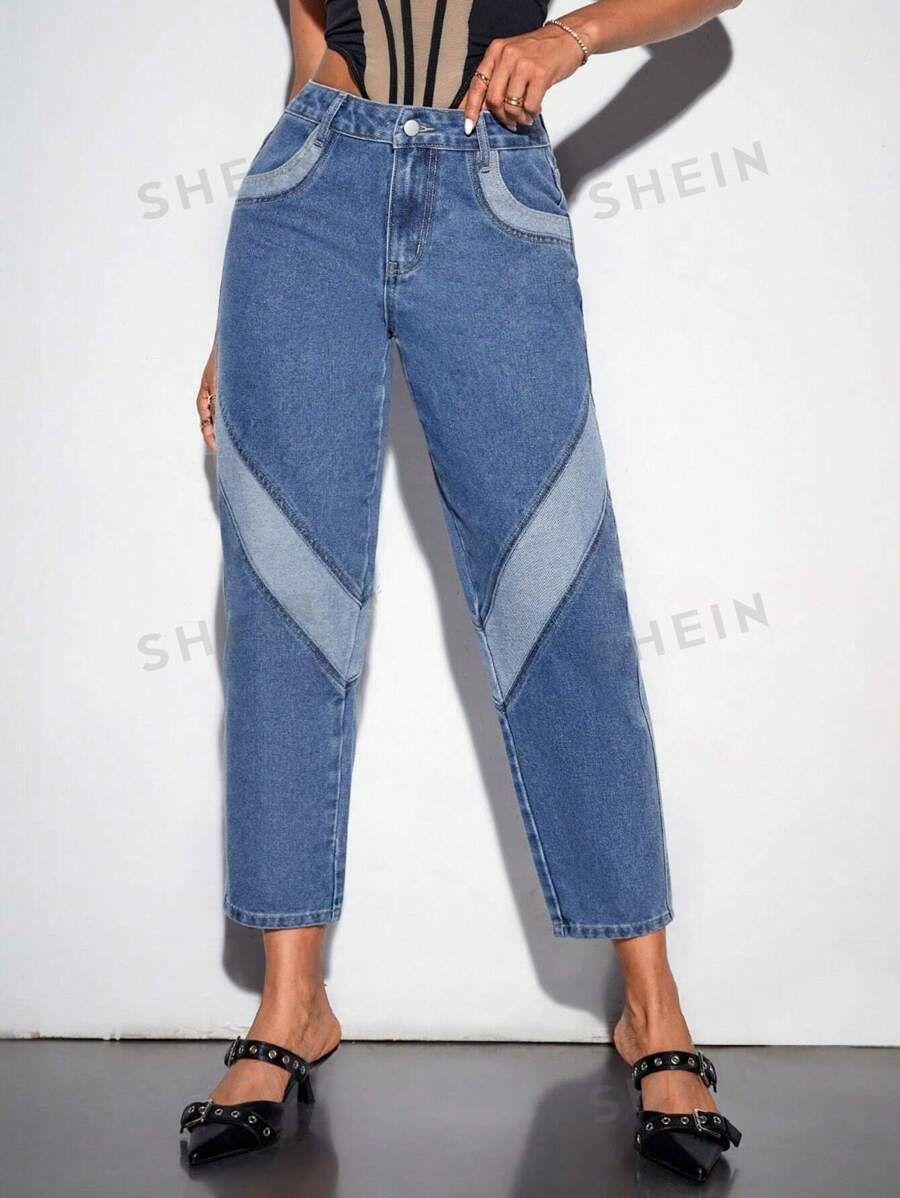 SHEIN BAE Color Block Tapered Cropped Denim Pants | SHEIN