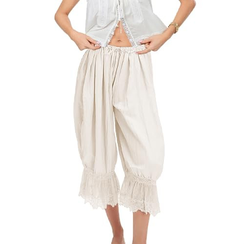 Bloomers Pants for Women Y2K Lace Trim Vintage Pantaloons Cute Ruffled Pumpkin Long Pants Capri Pajama Bottoms(White,M) | Amazon (US)