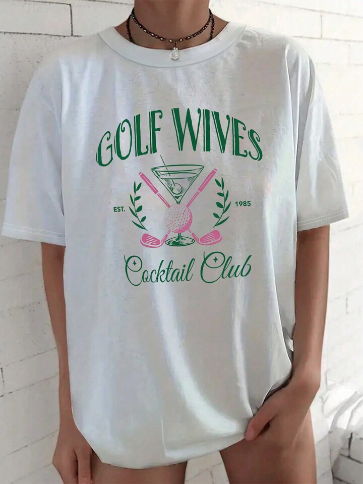 SHEIN EZwear Plus Size Women's Summer Round Neck Tee With Letter, Golf Club, And Cocktail Glass P... | SHEIN