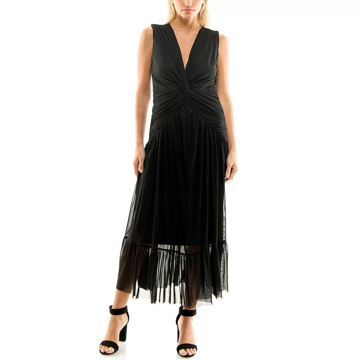 Women's Nicole Miller V-Neck Sleeveless Tiered Pleated Mesh Skirt Maxi Dress | Kohl's