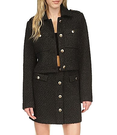 Michael Kors Eyelash Tweed Notch Collar Long Sleeve Gold Button Cropped Coordinating Jacket - 12 | Dillard's