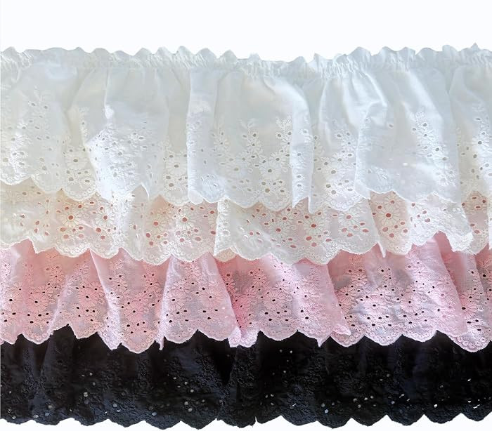 2 Yards 3.9 inch White Beige Pink Black Cotton Embroidered Eyelet Lace Trim, Ruffle Pleated Lace ... | Amazon (US)