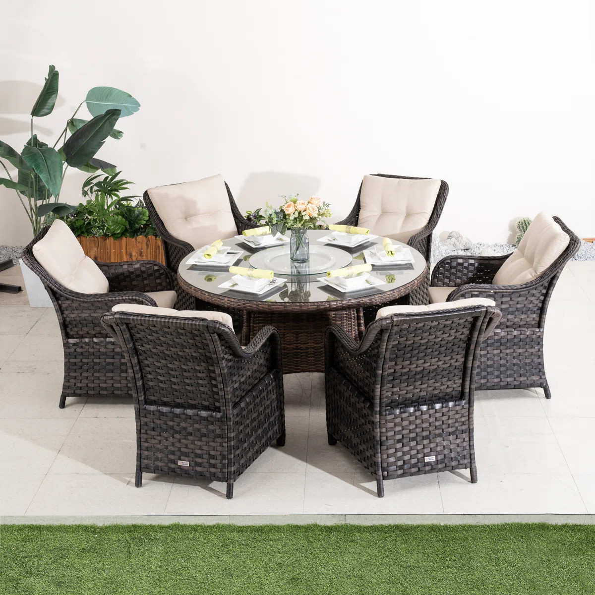 6 - Person Wicker Patio Dining Set With Round Table , Cushions Included | Wayfair North America