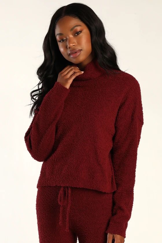 Snuggle City Burgundy Fuzzy Knit Turtleneck Sweater Top | Lulus (US)
