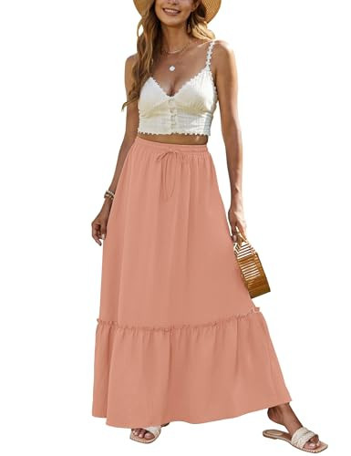 Bluetime Women Flowy Long Skirt Summer Pleated Elastic High Waisted Casual Tiered Maxi Skirt (L, Pink) | Amazon (US)