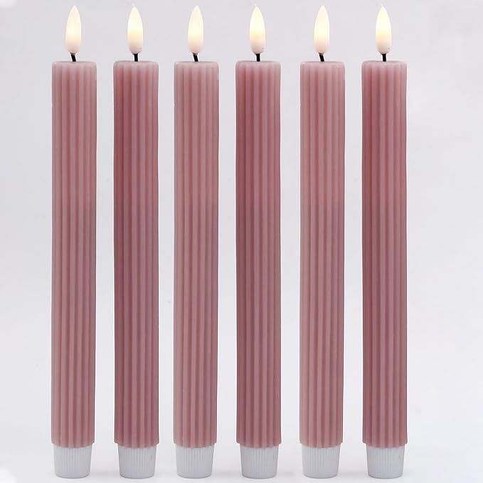 Real Wax LED Taper Candles, Pink Striped Flameless Candlesticks Flickering for Wedding Decoration... | Amazon (US)