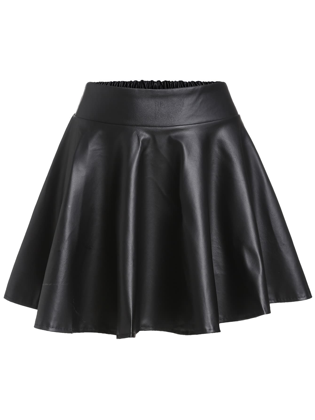 Black Faux Leather Elastic Waist Flare Skirt | ROMWE