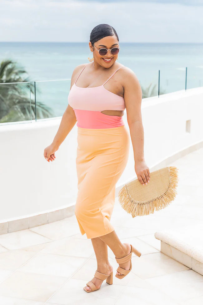 Sunburst Energy Orange/Pink Cutout Colorblock Midi Dress | The Pink Lily Boutique