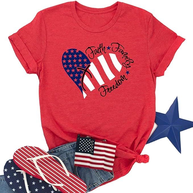 American Flag Heart T Shirt Faith Family Freedom Patriotic Tees for Women USA Flag Stars Stripes ... | Amazon (US)