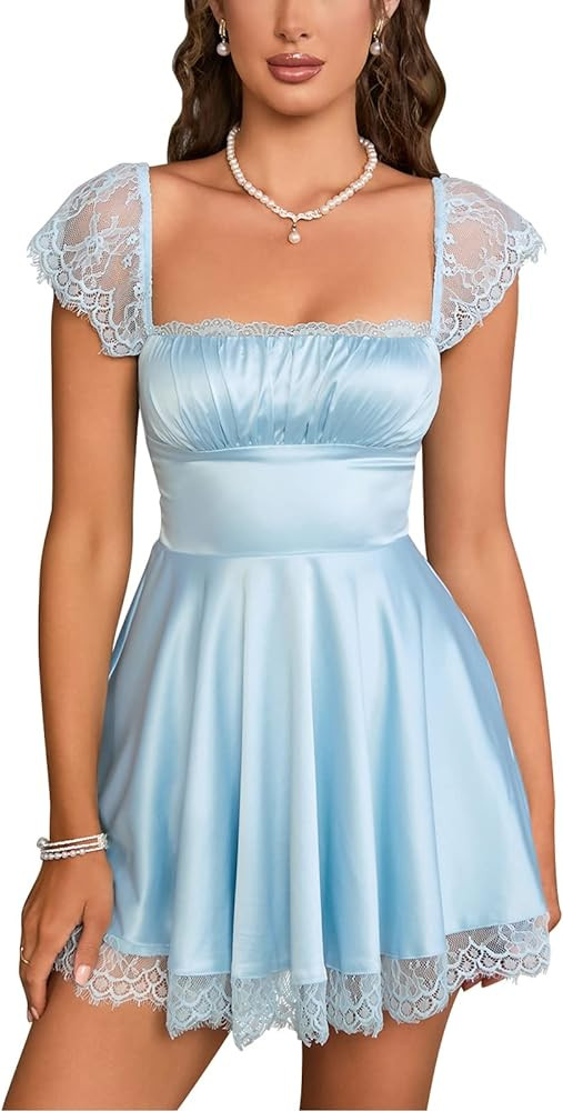 EYNMIN Women's Satin Lace Strap Mini Dress Square Neck Flowy A-Line Ruffle Swing Casual Short Dre... | Amazon (US)