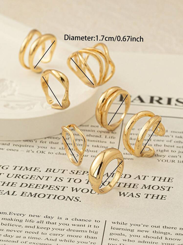 7 Pcs Golden Color Metal Chunky Rings Set For Women , Minimalist Crossing Rings , Women Stacked S... | SHEIN