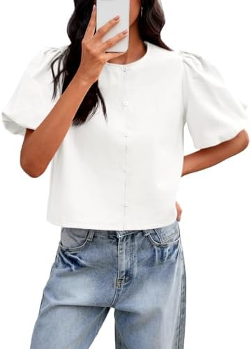 Tankaneo Womens Cropped Tops Puff Sleeve Casual Button Down Shirts Blouse | Amazon (US)