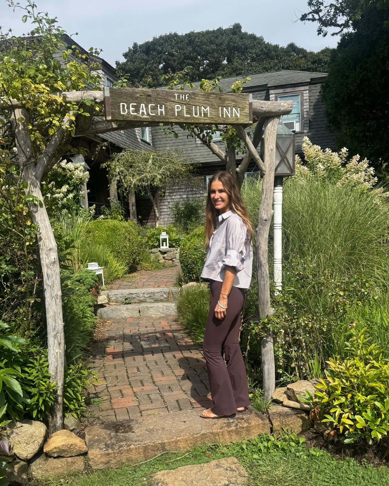 off for the yummiest breakfast at the beach plum inn along with the most beautiful views✨

shop my fav flares (the fit is super flattering & fabric so comfy too) with a beautiful button-down & leather flip flops for a casual/cool look🤎

top & pats tts wearing a xs top & xs bottoms 

flip flops run slightly small size up if by sizes

#LTKTravel #LTKWorkwear #LTKActive