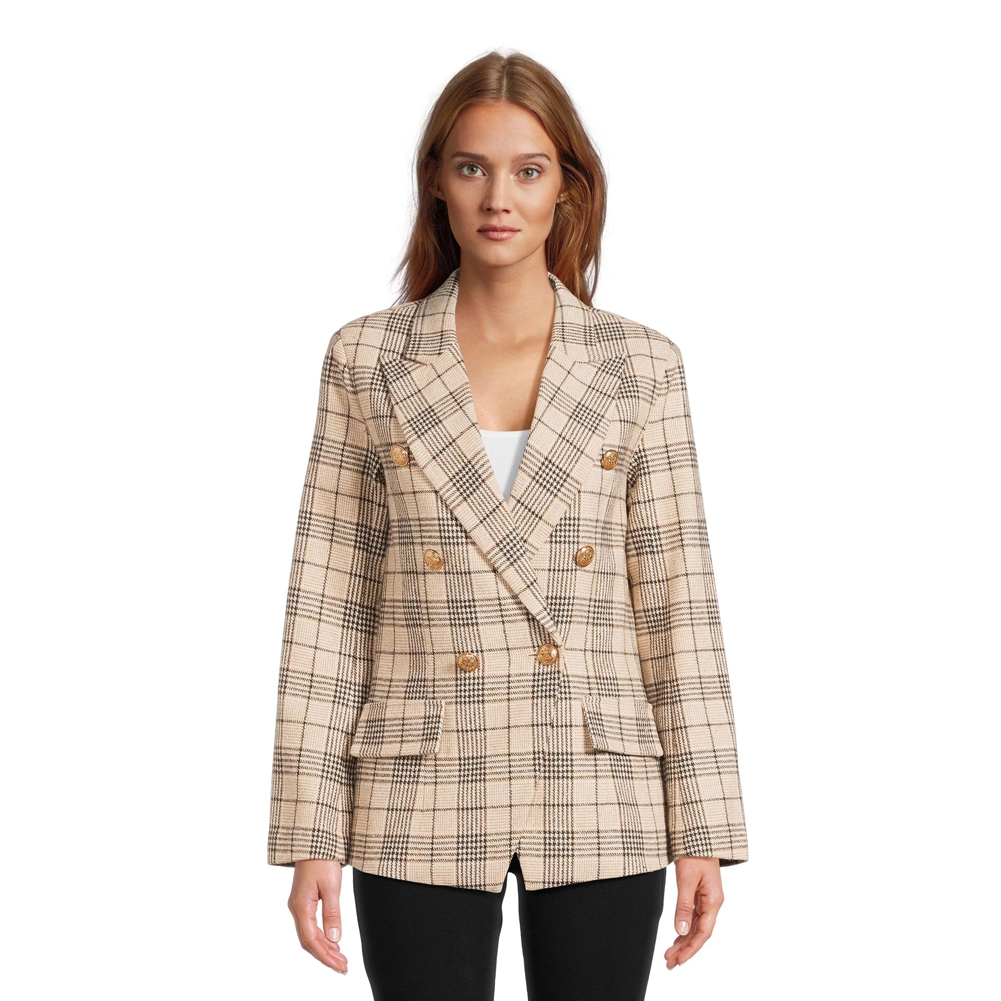 Attitude Unknown Women's Metallic Button Fashion Plaid Ponte Blazer, Sizes XS-XL | Walmart (US)
