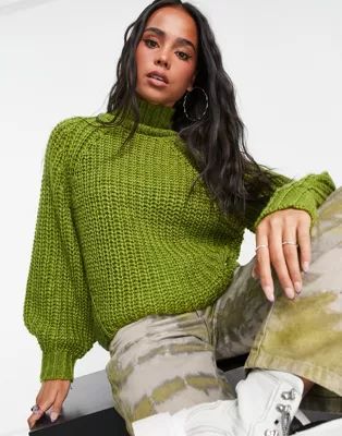 JJXX chunky knit high neck sweater in lime | ASOS (Global)