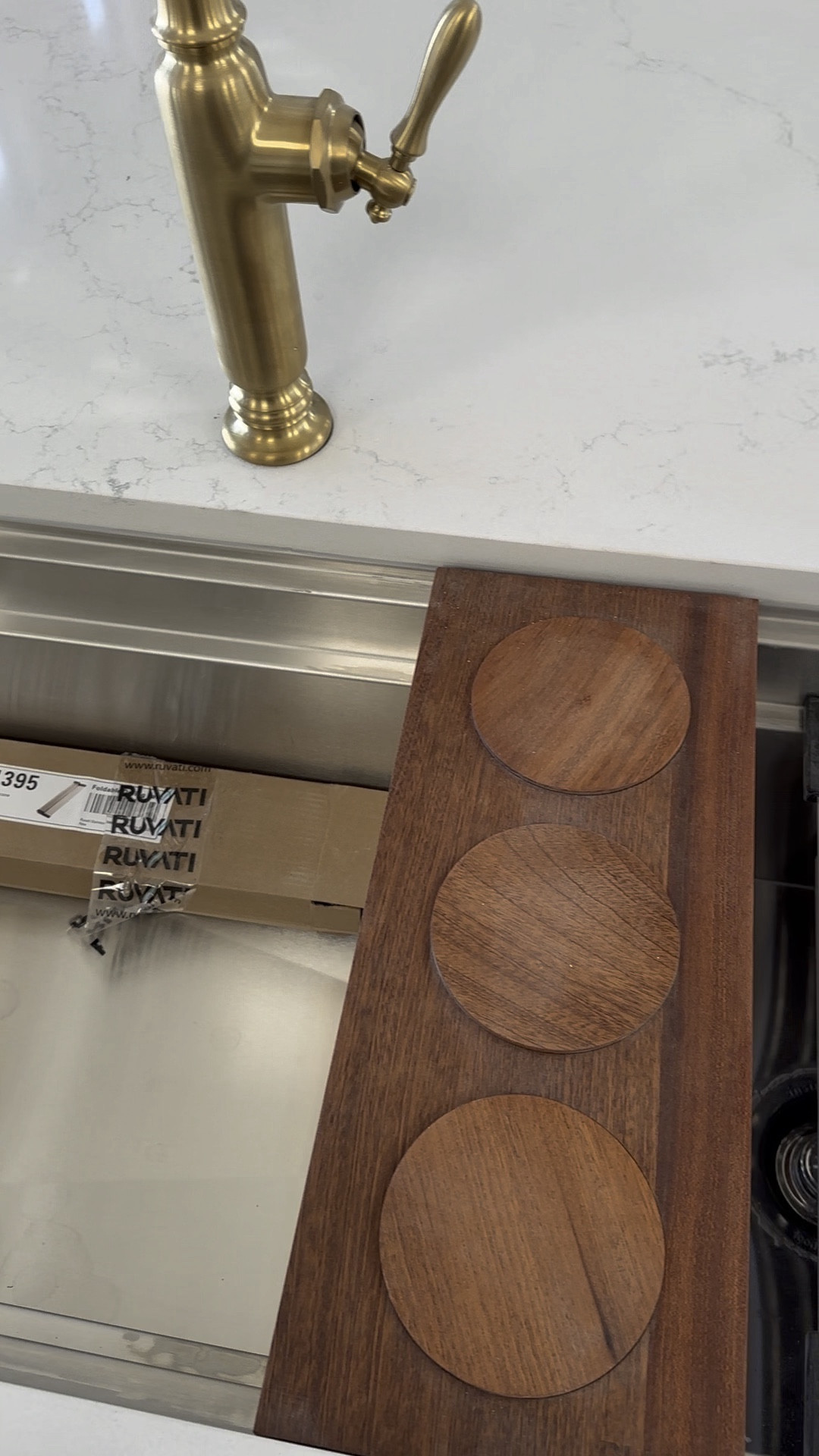 Our Ruvati workstation sink! Comes with two track levels air sliding accessories, wood platform, 3 bowl serving board, foldable drying rack and a cutting board!!! 

#LTKVideo #LTKhome #LTKparties