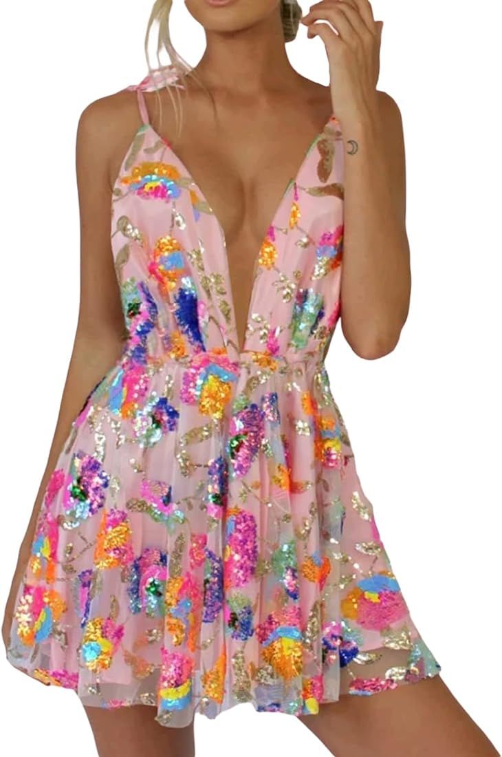 Sexy Women Sparkle Sequin Dresses Sleeveless Low Cut Spaghetti Strap Mini Dress Rave Party Cockta... | Amazon (US)