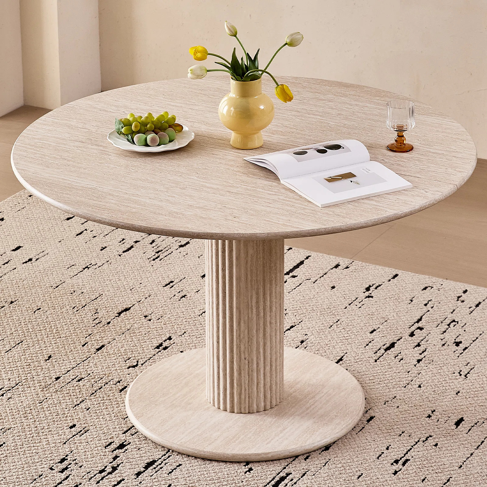 Union Rustic 47" Round Dining Table For 4, [Cylinder Pedestal Base] [Stone-Patterned] Modern Circ... | Wayfair North America