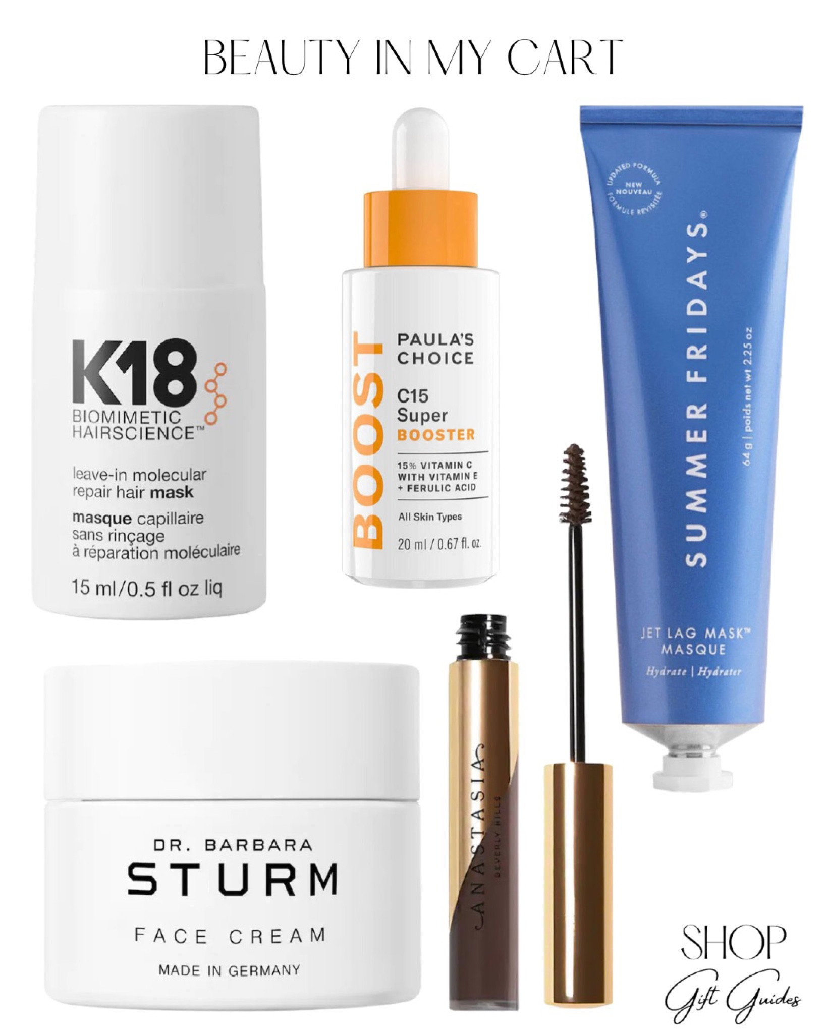 Beauty items in my cart! 

Beauty products, hair leave in conditioner, best sellers, summer Friday face mask, Paula’s choice serum, dr Barbara Sturm moisturizer for dry skin, Anastasia colored brow gel 

#LTKbeauty #LTKtravel #LTKunder100