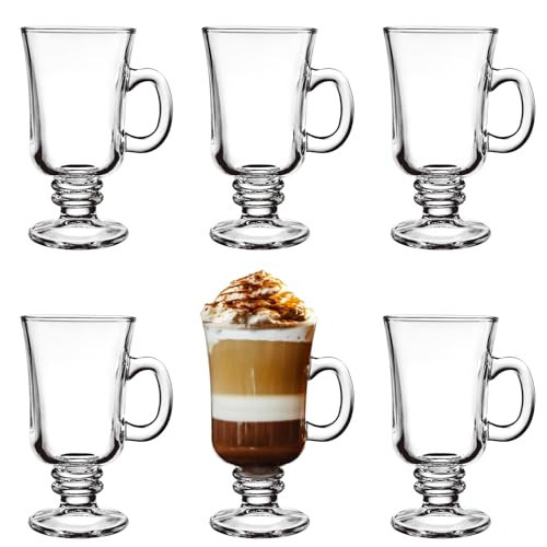 Set of 6 Irish Coffee Mugs, 8 Oz Glass Footed Espresso Cups with Handles, Clear Goblet Mugs Glasses for Coffee, Latte, Cappuccino, Smoothie, Hot Cold Beverages | Amazon (US)