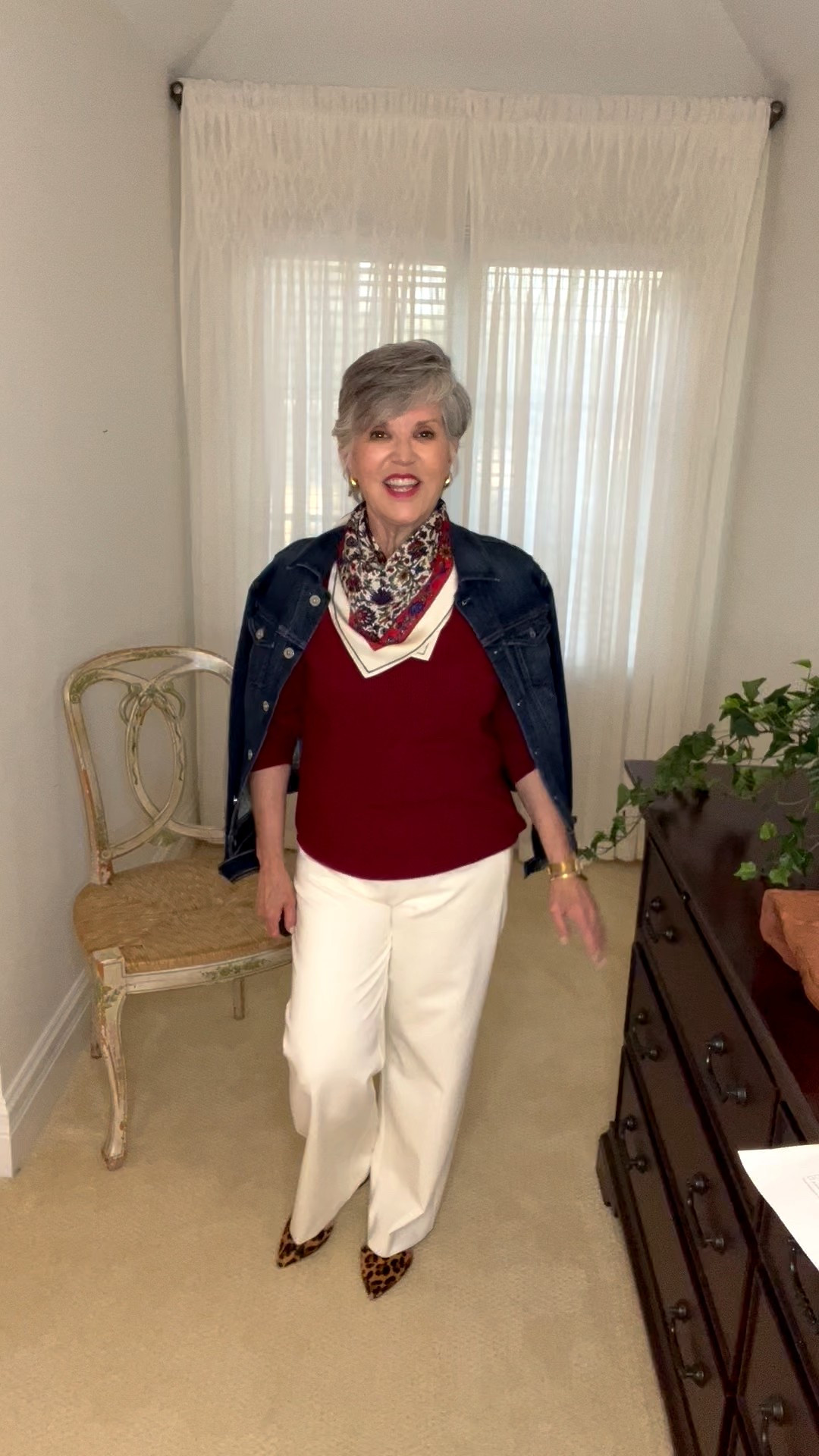 This outfit is giving fall chic in the best way! 🍁 I paired cream trousers with a cozy burgundy sweater and popped a jean jacket over my shoulders for that effortless layered look. The leopard heels add a touch of fun 🐆 and the gorgeous scarf ties it all together beautifully.

Perfect for fall dinners, casual Fridays, or Thanksgiving get-togethers! 🤎

👉 Tap to shop this classic fall look and save it for outfit inspo!
💻 Follow me for more cozy-chic fall outfit ideas: drjuliesfunlife.com￼
📌 Pinterest: pinterest.com/drjuliesfunlife￼
📸 Instagram: @drjuliemarshall￼


#LTKSeasonal #LTKSaleAlert #LTKOver40