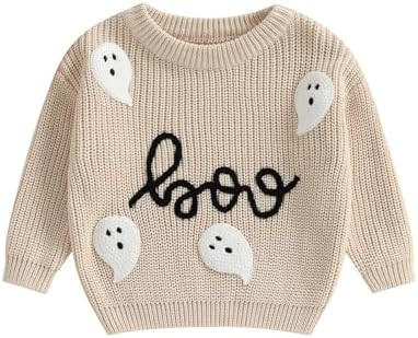 Baby Halloween Outfit Boy Girl Pumpkin Sweater Ghost Embroidery Knit Sweatshirt Infant Toddler Ha... | Amazon (US)