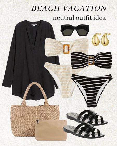Beach vacation neutral outfit idea 🖤 I just ordered both of these striped swimsuits - they’re under $30!  

Travel outfit; swimsuit; beach vacation; vacation outfit; pool outfit; striped swimsuit; striped bikini; black swimsuit coverup; black oversized sunglasses; neutral tote; tan beach bag; Sam Edelman; Amazon fashion; Christine Andrew 

#LTKstyletip #LTKswim #LTKtravel