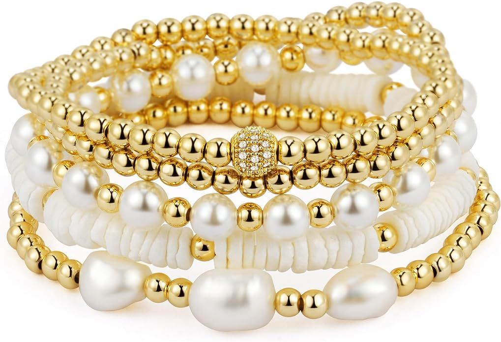 jollone Gold Beaded Bracelets for Women Stackable Gold Bracelets for Women 14K Gold Plated Stretc... | Amazon (US)